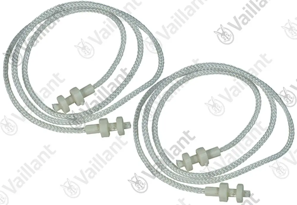 Weiße Fangbänder aus geflochtenem Material mit Kunststoffteilen, geeignet für Anwendungen im Heizungsbereich. Produkt der Marke Vaillant.